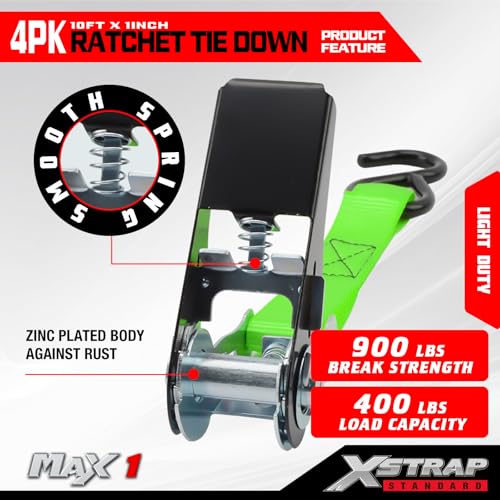 XSTRAP STANDARD Ratchet Tie Down Straps 4 Pk 10 Ft- 300 Lbs Load Cap- 900 Lbs Break Strength-Cargo Straps for UTV, ATV, Pickup,Truck, Moving Appliances, Lawn Equipment, Neon Green - color: Green, size: 4pk 1inchx10ft