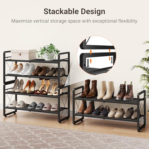 ELYKEN Shoe Rack, 2-Tier Expandable Shoe Organizer for Closet, Metal Black Shoe Shelf with 4 Hooks, Adjustable Shoe Stand Holder for Entryway, Garage, Door Entrance - size: 2-Tier