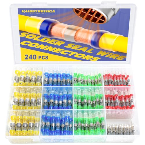 Haisstronica 240PCS Solder Seal Wire Connectors Kit, 26-10 Gauge Marine Grade Heat Shrink Butt Connectors, Waterproof, 5 Colors/5 Sizes - style: 240PCS