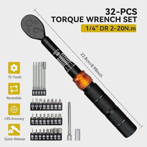 Bike Torque Wrench Bit Set, 1/4-Inch Drive, 2-20 Nm Micro Adjustment, 32-Piece Repair Tool Kit for Road, Mountain & Dirt Bikes, MTB, Cycling, Compact Zip Pouch - size: 32-Piece