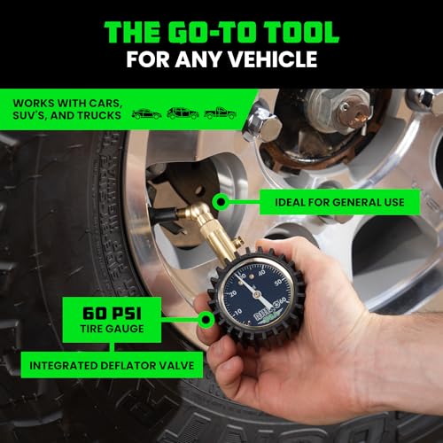 Rhino USA Heavy Duty Tire Pressure Gauge (0-60 PSI) - Certified ANSI B40.1 Accurate, Large 2" Easy Read Glow Dial, 360 Swivel Head, Solid Brass Hardware, Best for Any Car, Truck, Motorcycle, RV - size: 60 PSI Compact
