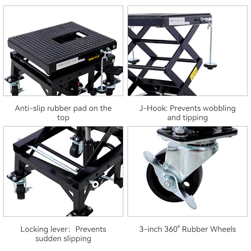 Hydraulic Motorcycle Scissor Jack Lift with Foot Step Lever and 4 Wheels, Adjustable Height from 13.5" to 36.2", 300 lbs Capacity, Lift Table for Dirt Bikes, ATVs, Motorcycles, Snowmobiles (Black)