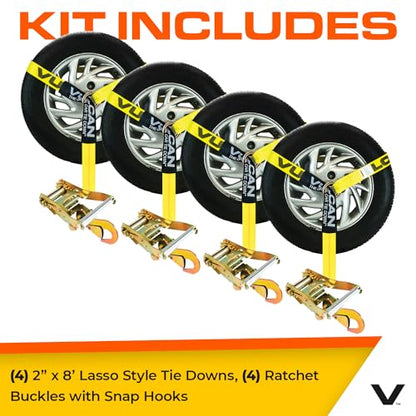 VULCAN Car Tie Down with Snap Hooks - Lasso Style - 2 Inch x 96 Inch - 4 Pack - Classic Yellow - 3,300 Pound Safe Working Load - size: Snap Hooks - Classic Yellow (4 Pack)