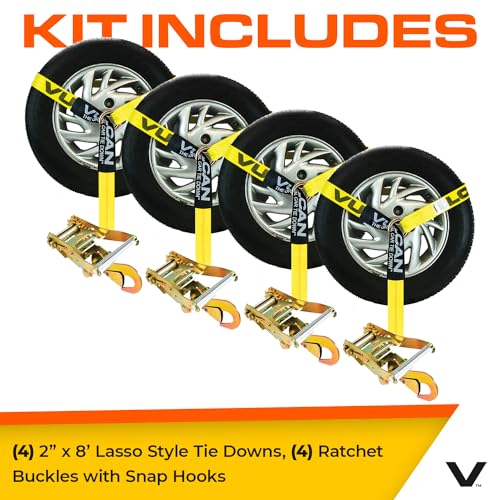 VULCAN Car Tie Down with Snap Hooks - Lasso Style - 2 Inch x 96 Inch - 4 Pack - Classic Yellow - 3,300 Pound Safe Working Load - size: Snap Hooks - Classic Yellow (4 Pack)