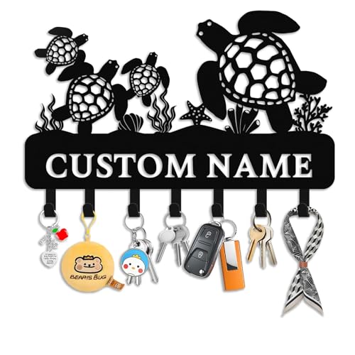 Personalized Key Holder for Wall, Sea Turtle Custom Key Hooks | Sea turtle key organizer, metal key rack for beach house decor, coastal wall hooks, ocean lover and entryway decor - color: Sea Turtle