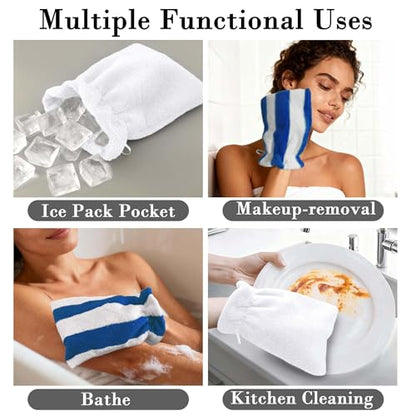 VOOVA & MOVAS 6-Pack Shower Wash Cloth, 100% Cotton Soft Absorbent Bath Mitts with Hanging Loop, 8.3x6.3 Inch European Style Bathing Gloves for Body & Spa, Blue White Striped - color: Blue-white Striped