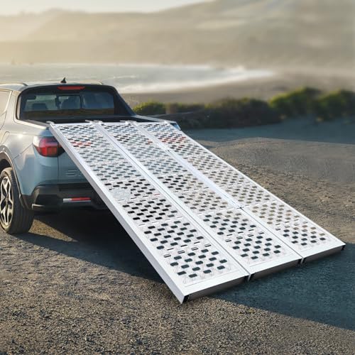 Aluminum Tri-Fold Trailer Ramps with Treads, 1 Pack 1500 lbs Heavy-Duty Anti-Slip Aluminum Loading Ramps ATV Ramp with Load Straps, 77" L x 54" W Tri-Fold Ramp for Lawn Mowers, Garden Tractors - size: 1Pcs 77" x 54" 1500Lbs Fold Ramps