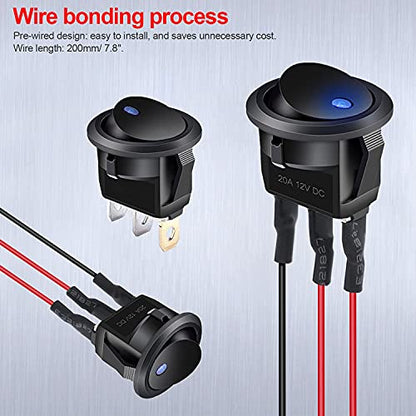 Twidec/8Pcs SPST Round Dot Lighted Rocker Switch Toggle Control for Car Or Boat 20A 12V DC On/Off Blue LED Light with Pre-soldered Wires KCD2-102N-BU-X - color: Blue LED-Round