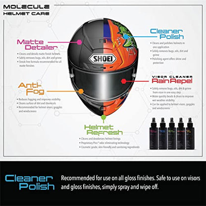 Molecule Helmet Care Kit | Complete Helmet Cleaning System | Anti-Fog, Cleaner Polish, Refresh & Rain Repel | For Helmets, Visors & Goggles | 4 oz + 3 Microfiber Towels