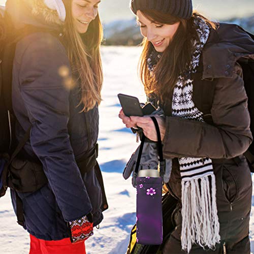 RICHEN Neoprene Water Bottle Carrier Bag with Adjustable Shoulder Strap,Insulated Water Bottle Cover for Stainless Steel/Glass/Plastic Bottles - color: Purple Flowers, size: 750ml