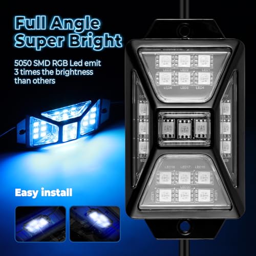 16 Pods Full Angle RGB Rock Lights, App/Remote Control Chasing Led Rock Lights with Music Mode Waterproof Multi-Color, Compatible with 12V Trucks Jeep UTV SUV ATV Off Road Golf Cart(Patented) - size: 16 Pods-Full Angle-(New 3 Control Mode)-12V