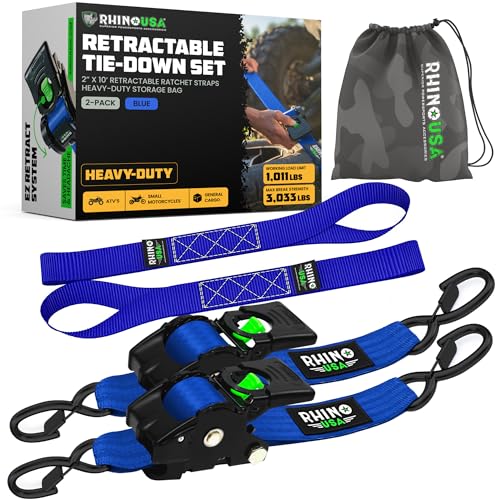Rhino USA Retractable Ratchet Straps (2-Pack) - 2 Inch x 10 Feet (3,033lb Break Strength) - Heavy Duty Auto Self Retracting Tie Down Straps for Truck, Cargo Trailer, Motorcycle, Rad & More - Blue - color: Blue, size: 2PK