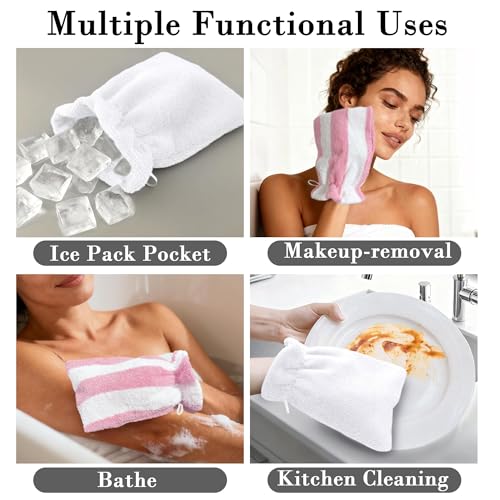 VOOVA & MOVAS 6-Pack Bath Mitts for Shower, 100% Cotton Soft Absorbent Wash Cloths with Hanging Loop, 8.3x6.3 Inch European Style Bathing Gloves for Body & Spa, Pink Stripe & White - color: Pink Stripe&white