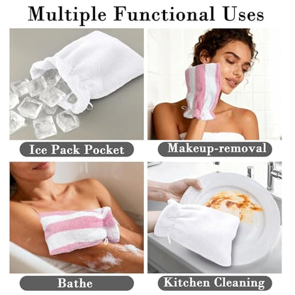 VOOVA & MOVAS 6-Pack Bath Mitts for Shower, 100% Cotton Soft Absorbent Wash Cloths with Hanging Loop, 8.3x6.3 Inch European Style Bathing Gloves for Body & Spa, Pink Stripe & White - color: Pink Stripe&white