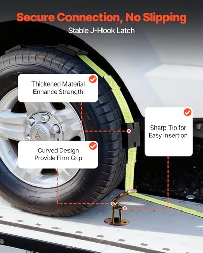 VEVOR Wheel Chock Tie-Down Kit, Deck-Style Trailer Tie Down Strap, Car Tie Down Kit with J-Hook, Break Strength 10009 lbs & Working Load 3333 lbs Motorcycle System for SUVs, Trailers, Trucks - style: Deck-Style with J-Hook