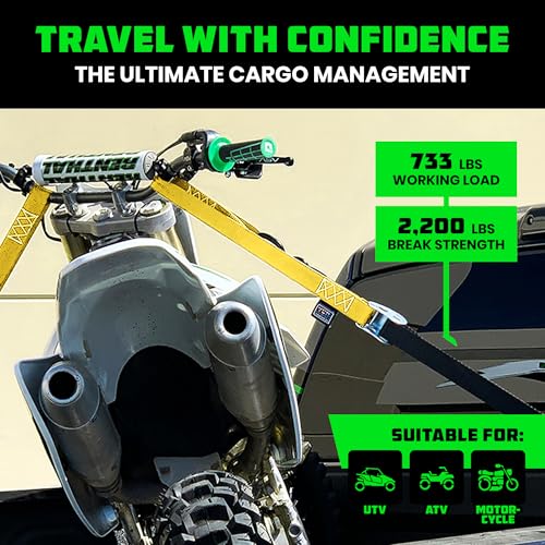 Rhino USA Motorcycle Tie Down Straps (2 Pack) Lab Inspected 2,200lb Break Strength, Steel Cambuckle Tiedown Set with Integrated Soft Loops - Better Than a Ratchet Strap (YLW 2-Pack) - color: Black