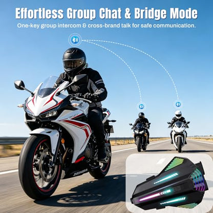 Motorcycle Helmet Bluetooth,6.0 Communication Helmet Speakers Dual Intercom & Music Sharing, Universal Bluetooth Pairing, 4 Custom RGB Light Modes, 2 Mics, IPX6 Noise Cancellation