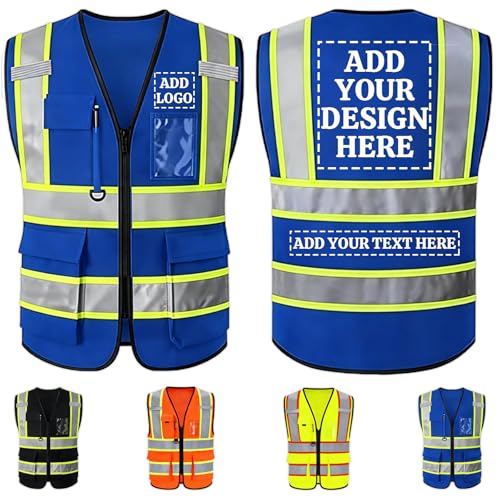 Custom Hi-Vis Reflective Safety Vest Personalized Outdoor Work Vest Add Logo Text Protective Workwear for Men - color: Blue, size: Medium