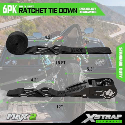 XSTRAP STANDARD Motorcycle Ratchet Tie Down Straps - 4 Pk 1'' x 15 Ft 1890 Lbs Break Strength-Cargo Straps with Integrated Soft Loops, Padded Handles & Coated Safety Clip for Motorcycle, Truck(Black) - size: Black-1890 lbs