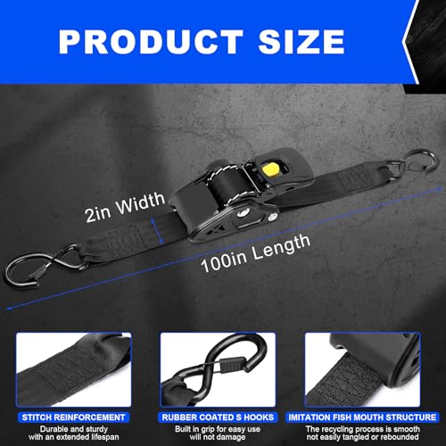 Retractable Ratchet Straps 2 Inch x 10 Feet, Heavy Duty Auto Retract Tie Down Straps, 3500 lb Break Strength Cargo Straps with Steel Hooks for Truck, Trailer, Moving, 2 Pack