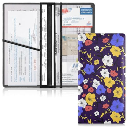 Lilly Flower Blue Yellow Star Premium Leather Car Registration and Insurance Holder Vehicle Glove Box for Any Car, Truck, Motorcycle, Trailer or Boat