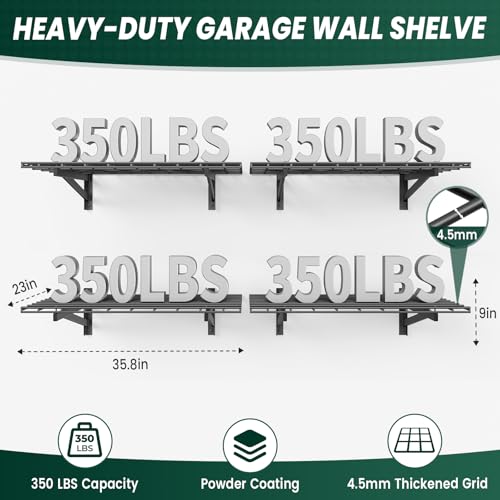 4 Pack 2x3ft Garage Wall Shelves, 24x72 inch Heavy Duty Garage Shelving Wall Mounted Garage Storage Rack, 1400lbs Load Capacity Floating Metal Shelf, Black - size: 4 pack-2x3ft