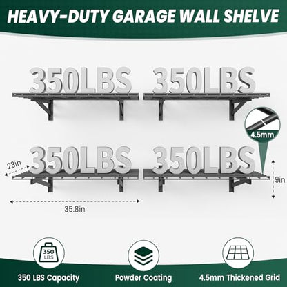 4 Pack 2x3ft Garage Wall Shelves, 24x72 inch Heavy Duty Garage Shelving Wall Mounted Garage Storage Rack, 1400lbs Load Capacity Floating Metal Shelf, Black - size: 4 pack-2x3ft