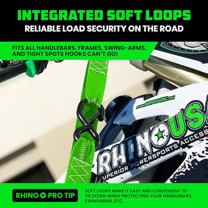 Rhino USA Motorcycle Tie Down Straps (2 Pack) Lab Inspected 2,200lb Break Strength, Steel Cambuckle Tiedown Set with Integrated Soft Loops - Better Than a Ratchet Strap (Green 2-Pack) - color: Green 2-Pack