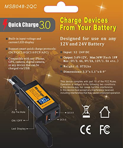 Motorcycle USB Charger, Mroinge 6.8A SAE to USB Adapter Dual Port QC3.0/2.0 Fast Charge, with Voltmeter/Ammeter & ON/Off Switch & 10A Fuse, Perfect for Your Phone or Smart Device Charging - size: 6.8A @ QC3.0
