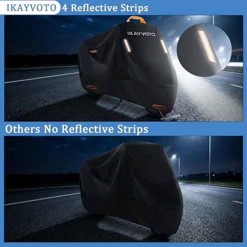 Motorcycle Cover 420D Heavy Duty | All Season Waterproof Outdoor Weather Sun Rain Protection Powersports Vehicle Cover | with 4 Reflective Tape, Lock-Holes, Storage Bag fits up to 104.3" - size: 104.3"