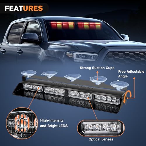 Nilight 32LED Amber Red Emergency Dash Strobe Lights with Controller Suction Cups Warning Hazard Interior Front/Rear Windshield Deck Split Light Bar for Trucks Construction Vehicles - color: Amber and Red