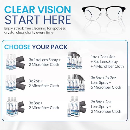 Purity Eyeglass Cleaner Mega Pack - Multi-Size Lens Cleaner Kit - 2x2oz, 3x8oz Bottles + 5 Black Premium Microfiber Cloths - Safe for All Lenses, Eyeglasses, and Screens - Streak-Free Formula - style: 10 Piece Set - 3 (8oz + 2 (2oz Lens Spray)) + 5 (Micro