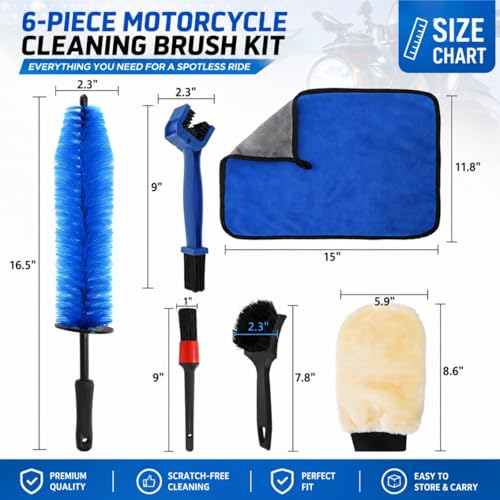 Set of 6 Motorcycle Cleaning Brush Kit, Motorcycle Detailing Wash Kit, Include Easy Reach Brush, Chain, Stiff Tire, Detailing Brush, Wool Wash Mitt, Microfiber Towel for Motorcycle, Bicycle