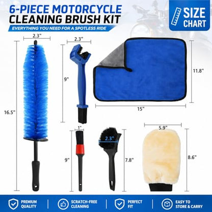 Set of 6 Motorcycle Cleaning Brush Kit, Motorcycle Detailing Wash Kit, Include Easy Reach Brush, Chain, Stiff Tire, Detailing Brush, Wool Wash Mitt, Microfiber Towel for Motorcycle, Bicycle