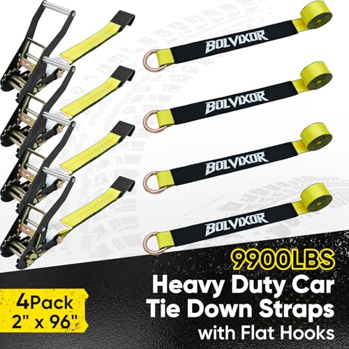 4 Pack Car Tie Down Straps for Trailers - 2" x 96" - 9900LBS Break Strength - Heavy Duty Tire Ratchet Straps with Flat Hooks for Hauling UTV, SUV, Truck, Any Cars - color: Yellow