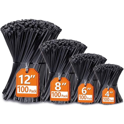 Zip Ties Assorted Sizes(4”+6”+8”+12”), 400 Pack, Black Cable Ties, UV Resistant Wire Ties by ANOSON - size: 4+6+8+12 (400 Pack)