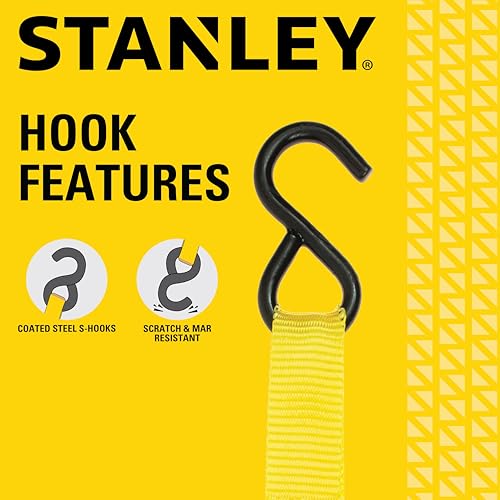 STANLEY S9500 Black/Yellow 1" x 10' Ratchet Straps - Light Cargo (300 lb Working Load / 900 lb Break Strength), 4 Pack - size: 1" x 10'