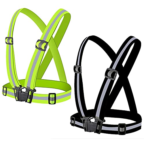 Generic Leeshow 2 Pieces Hi Viz Strap Vest,One Size Fit All Elastic High Visible Reflective Safety Gear for Walking the Dog, Night Runs, Jogging, Biking, Racing Motorists, Hunting (Black&fluorescent)