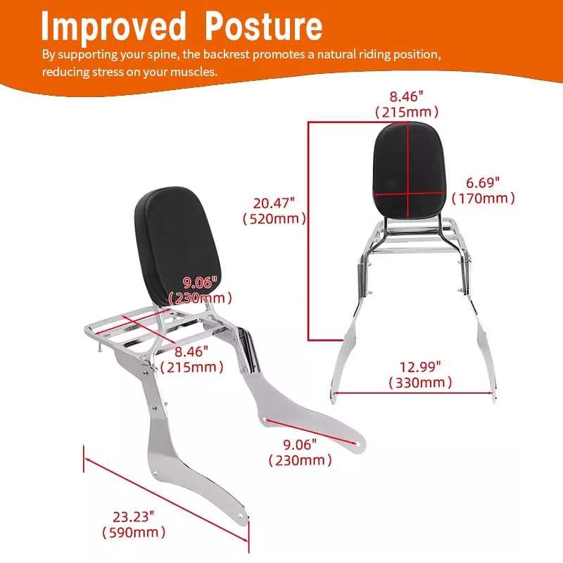 Comfortable Leather Backrest Sissy Bar + Luggage Rack Pad Compatible With Kawasaki Vulcan 900 VN900 1996-2018 (Chrome) (Chrome) - size: Chrome