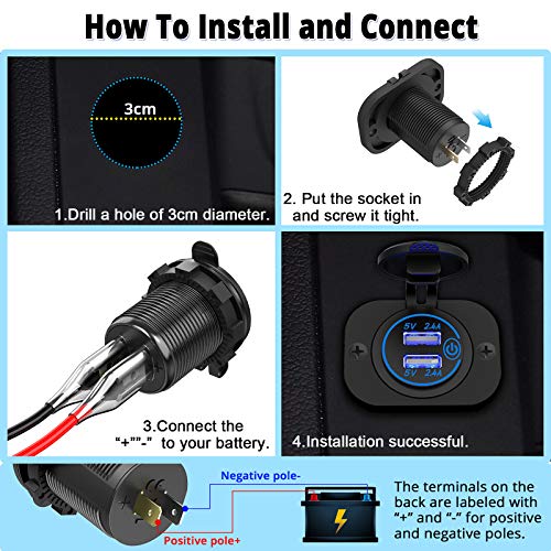 Dual USB Socket 12V Marine Outlet with Switch Golf Cart USB Port 12 Volt DC Car Charger Mount Waterproof Cigarette Lighter Power Adapter DIY Kit Fast Charge with Blue LED for Boat Motorcycle ATV RV
