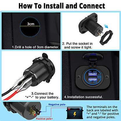 Dual USB Socket 12V Marine Outlet with Switch Golf Cart USB Port 12 Volt DC Car Charger Mount Waterproof Cigarette Lighter Power Adapter DIY Kit Fast Charge with Blue LED for Boat Motorcycle ATV RV
