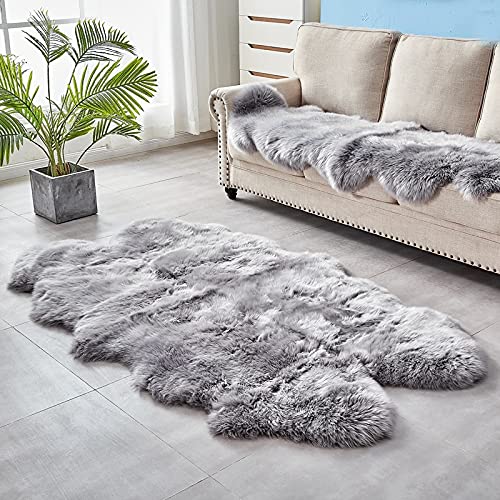 HUAHOO Premium Genuine Sheepskin Rug Grey Real Australia Sheepskin Natural Luxury Fluffy Lambskin Fur Area Rug Seat Covers for Kids Bedroom Sofa Chair Cover Quarto Pelt/4' x 6' Silver Grey - color: Grey, size: Quarto Pelt/4 ft x 6 ft