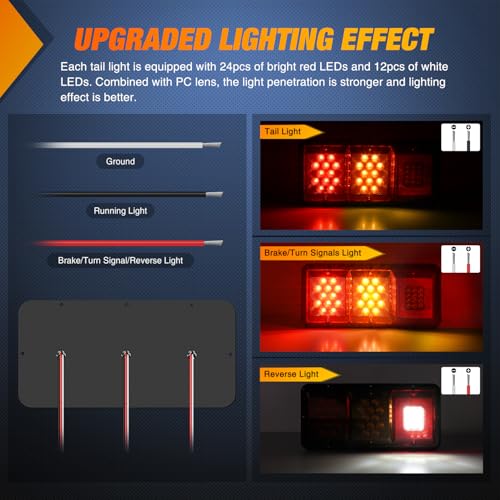 Nilight LED Triple Tail Light 2PCS Rectangle Red Amber Stop Brake Turn Signals White Reverse Back Up Lights Surface Mount Waterproof Trailer Camper Van RV Caravan Taillights - color: Red Amber White Triple Tail Light 36LED 2PCS