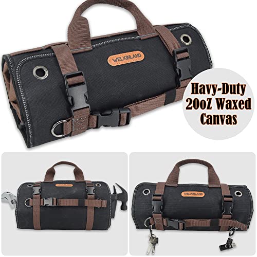 WELKINLAND Heavy-Duty Waxed Canvas Tool roll, 15-Pockets Tool Wrap Roll, 15L Tool Up Roll Bags, Tool Bag Roll, Tool roll organizer, Roll up tool bag organizer