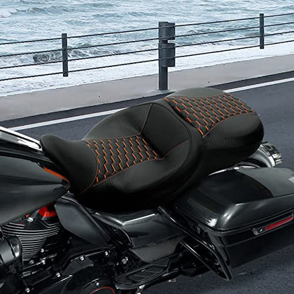 C.C. RIDER Driver& Passenger Seat Mammock Seat Fit For Harley Touring 2009-2023 Road Glide Street Glide Road King Electra Glide CVO Models 2009-2022, Extended Reach - color: 38# Orange