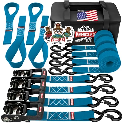Vehiclex Motorcycle Ratchet Tie Down Straps with Soft Loops - 4PK Heavy Duty 1.5" x 8ft Kit, 4,400 lb Breaking Strength for Powersports, Blue - color: Blue, size: 8 ft - 4 Pack
