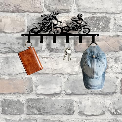 Motocross Dirt Bike 6-Hook Black Metal Entryway Rack, Keys Coats Towels Wall Decor