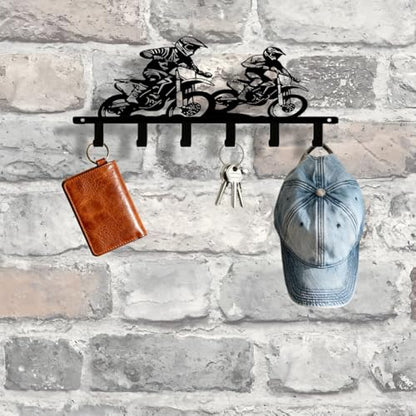 Motocross Dirt Bike 6-Hook Black Metal Entryway Rack, Keys Coats Towels Wall Decor