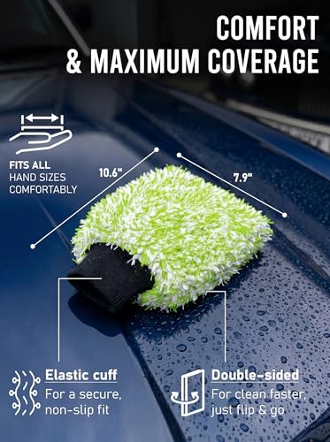 TAKAVU Car Wash Mitt Scratch Free, 2 Pack Microfiber Wash Mitts for Auto Detailing, Soft Lint Free Cleaning Gloves, Holds Sudsy Water, Machine Washable (Green & White) - color: Green