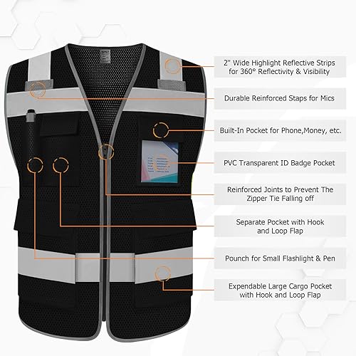 TCCFCCT Mesh Hi Vis Vest 5 Pockets High Visibility Work Vest with Reflective Strips, Meets ANSI/ISEA Standards, Black, M - color: Lion 02-mesh-black, size: Medium